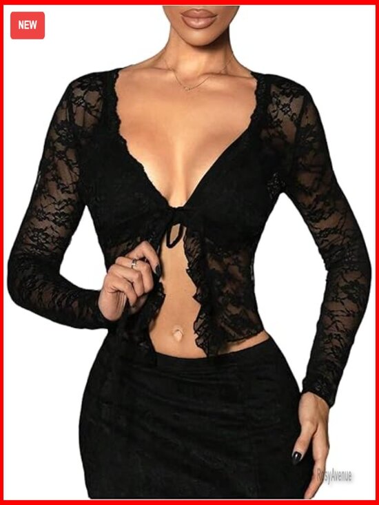 Tops - Lace Tie Front Crop Top Ruffled Long Sleeve Sheer Mesh Blouse Sexy